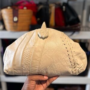 Miriam Vintage Leather Cream Clutch with Rose Detail